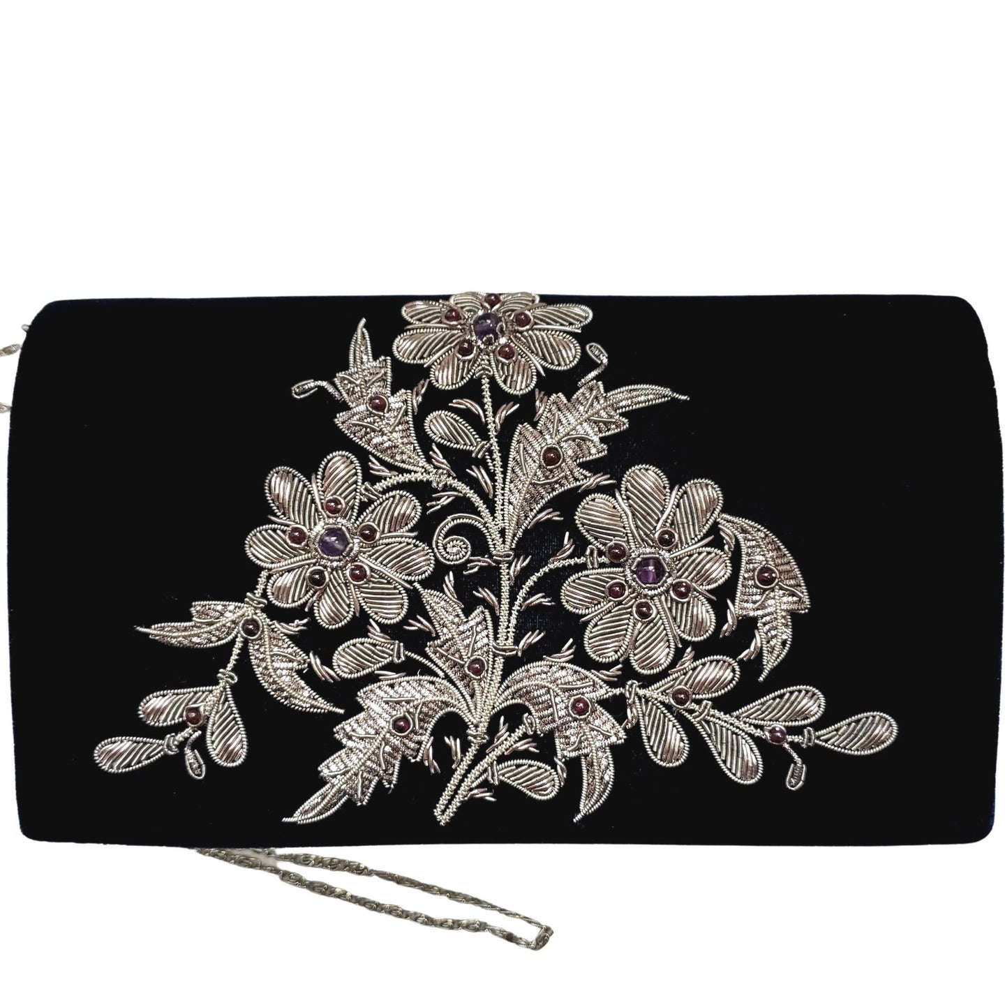 Silver flowers embroidered on navy blue velvet clutch with amethyst stones BoutiqueByMariam.