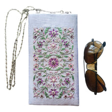 Load image into Gallery viewer, Silver grey silk soft sunglasses case eyeglasses case with chain embroidered with purple flowers. 
