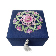 Load image into Gallery viewer, Small navy blue keepsake box embroidered with pink flower-BoutiqueByMariam.
