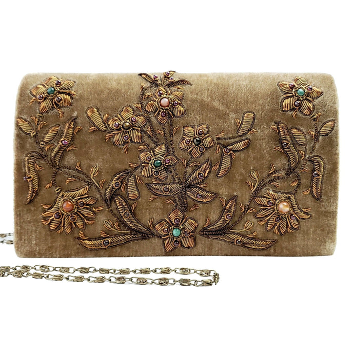Tan velvet and copper embroidered floral clutch BoutiquebyMariam.