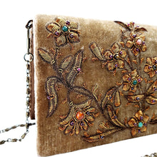 Load image into Gallery viewer, Tan Velvet and Copper Embroidered Floral Clutch
