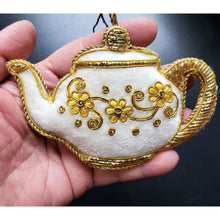 Load image into Gallery viewer, Tea pot Christmas ornament white velvet embroidered with gold flowers BoutiqueByMariam.
