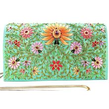 Load image into Gallery viewer, Teal blue silk handbag embroidered with orange lotus flower BoutiqueByMariam.
