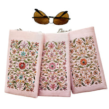 Load image into Gallery viewer, Three pastel pink silk slim eyeglasses cases with chain hand embroidered with multicolor flowers.

