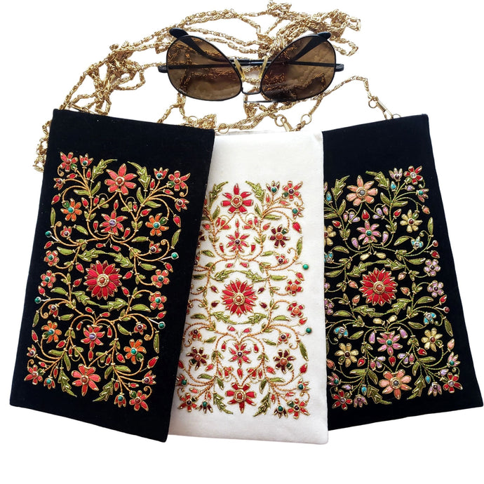 Three sunglasses cases on chain hand embroidered with floral pattern, zardozi crossbody bag.