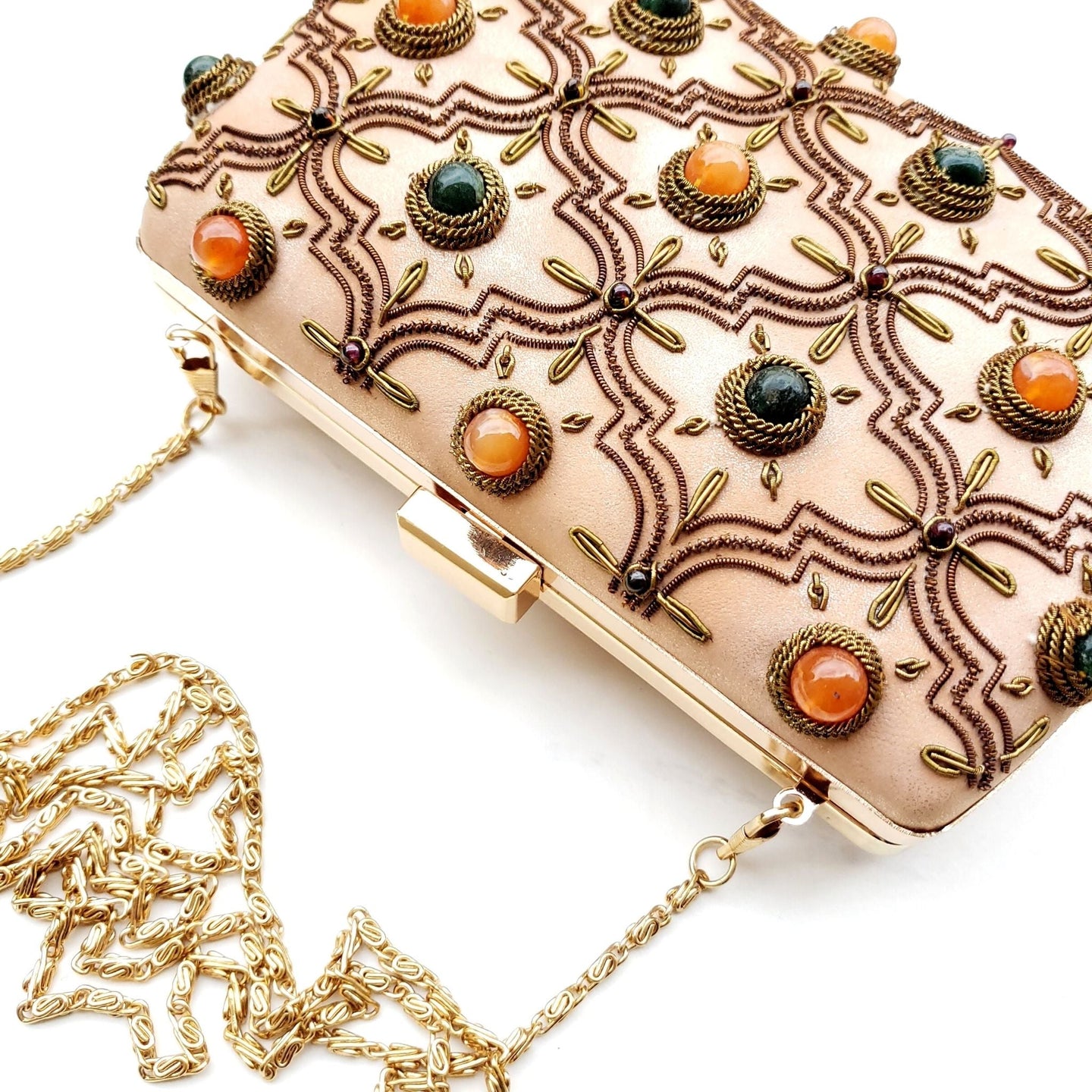 Rose gold box clutch bag embroidered with arabesque and inlaid with jade and carnelian gemstones, zardozi purse. 