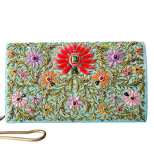 Load image into Gallery viewer, Turquoise blue handbag embroidered with coral lotus flower BoutiquebyMariam.
