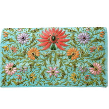 Load image into Gallery viewer, Turquoise silk handbag embroidered with coral colored lotus flower BoutiqueByMariam.
