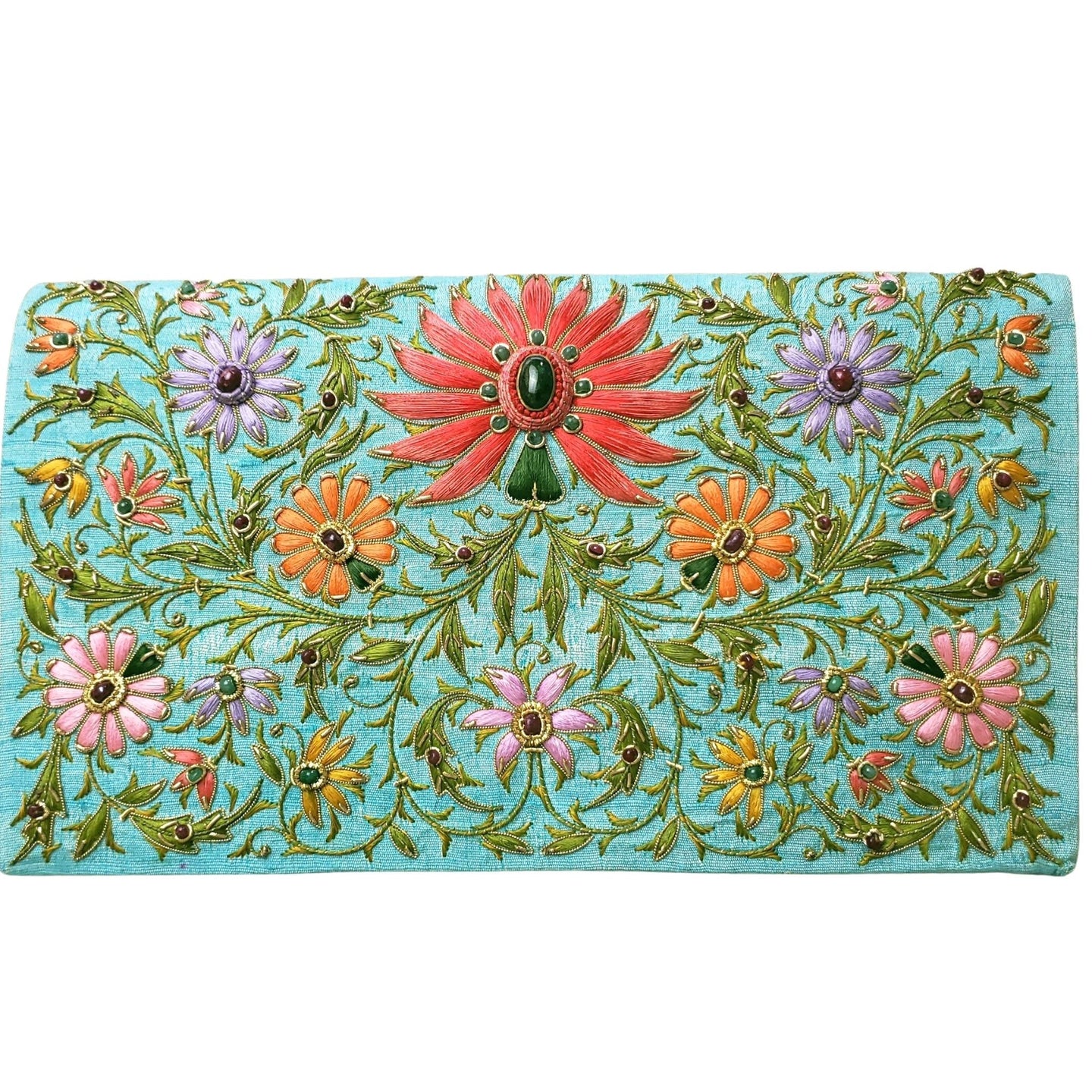 Turquoise silk handbag embroidered with coral colored lotus flower BoutiqueByMariam.