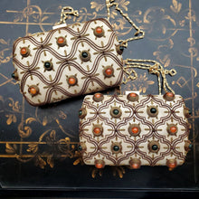 Load image into Gallery viewer, Two gold tone box clutches embroidered with copper and embellished with jade and carnelian gemstones, zardozi purse. 
