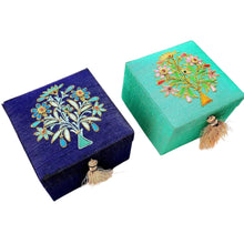 Load image into Gallery viewer, Two square embroidered floral jewelry storage box, navy, green, BoutiqueByMariam. 
