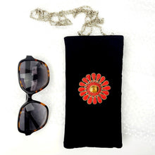 Load image into Gallery viewer, Luxury black velvet soft case with chain for glasses or sunglasses embroidered with a red flower and inlaid with tiger eye and garnets. 
