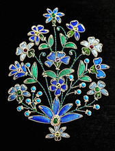 Load image into Gallery viewer, Hand embroidered blue flowers on black silk trinket box, with semi precious stones, close up view. 
