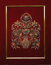 Load image into Gallery viewer, Hand embroidered burgundy velvet tapestry with metallic copper and bronze finish and inlaid with gemstones, zardozi wall art.
