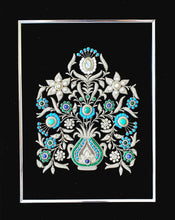 Load image into Gallery viewer, Statement black velvet tapestry embroidered with silver metallic threads and inlaid with turquoise and malachite and moonstone. 
