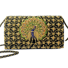 Load image into Gallery viewer, Vintage inspired embroidered peacock evening bag with gold work.
