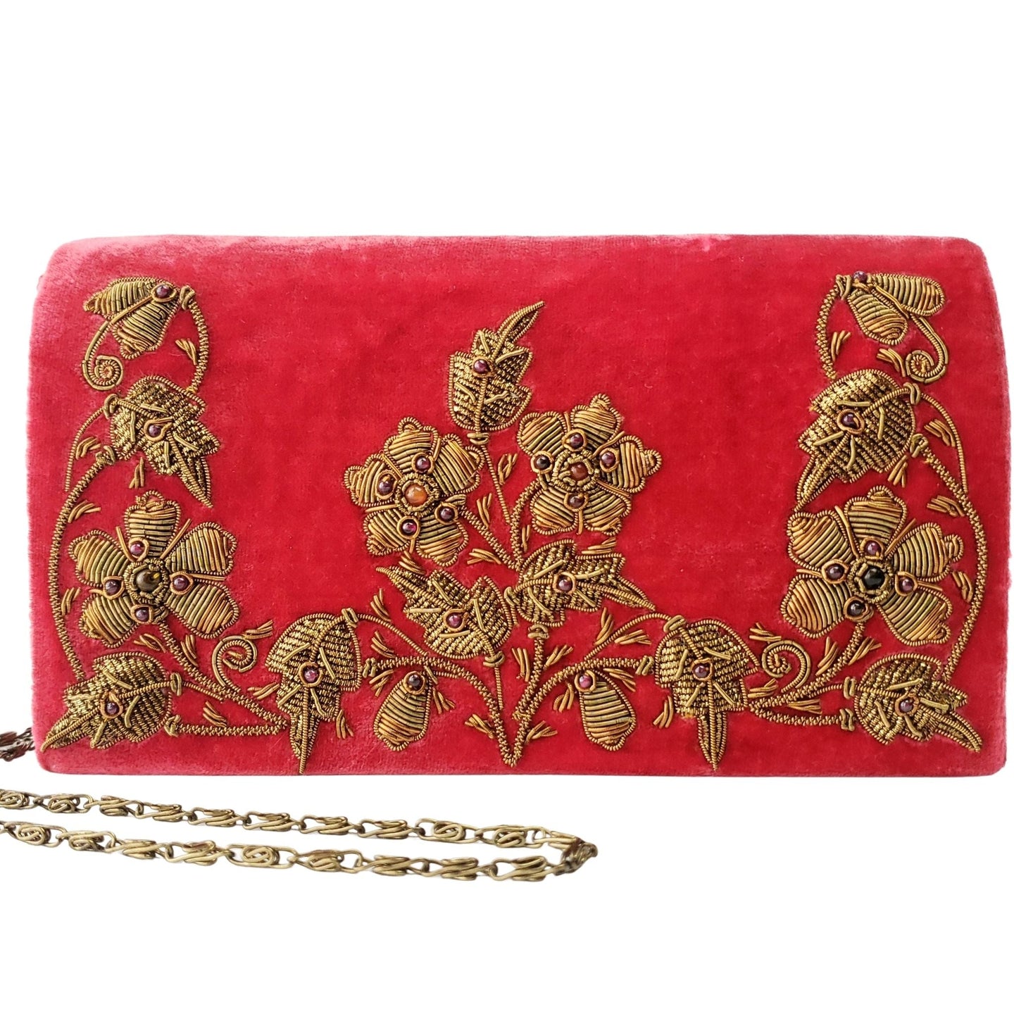 Vintage inspired red pink velvet clutch embroidered with copper flowers and inlaid with gemstones.