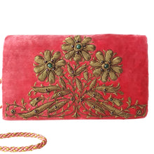 Load image into Gallery viewer, Vintage inspired soft red velvet handbag hand embroidered with antique gold metallic daisies and inlaid with jade and garnet gemstones. 
