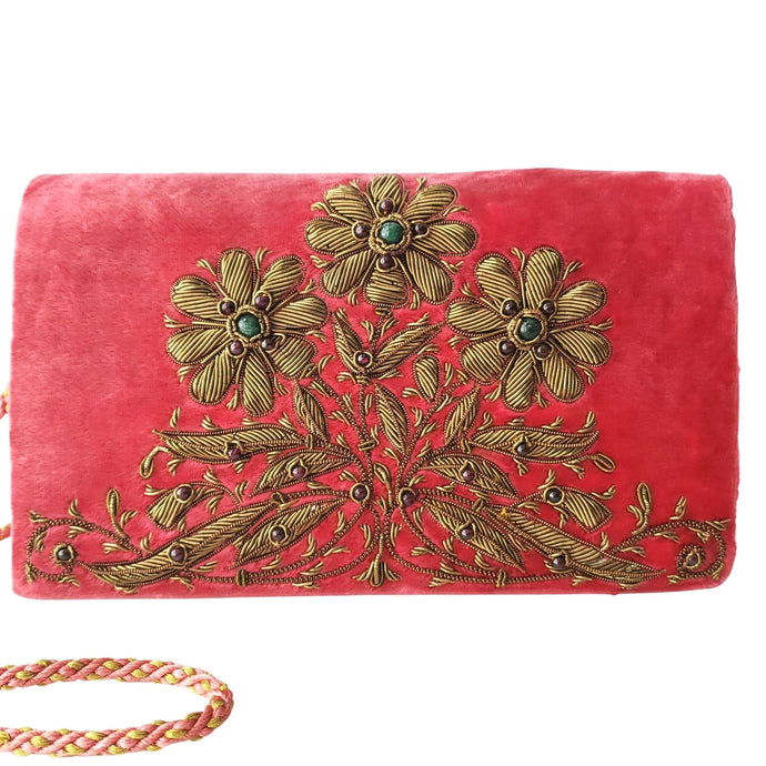 Vintage inspired soft red velvet handbag hand embroidered with antique gold metallic daisies and inlaid with jade and garnet gemstones. 