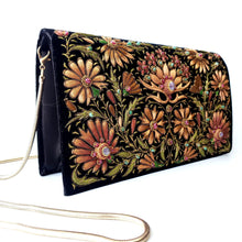 Load image into Gallery viewer, Warm brown embroidered floral handbag with rubies, side view, BoutiquebyMariam.
