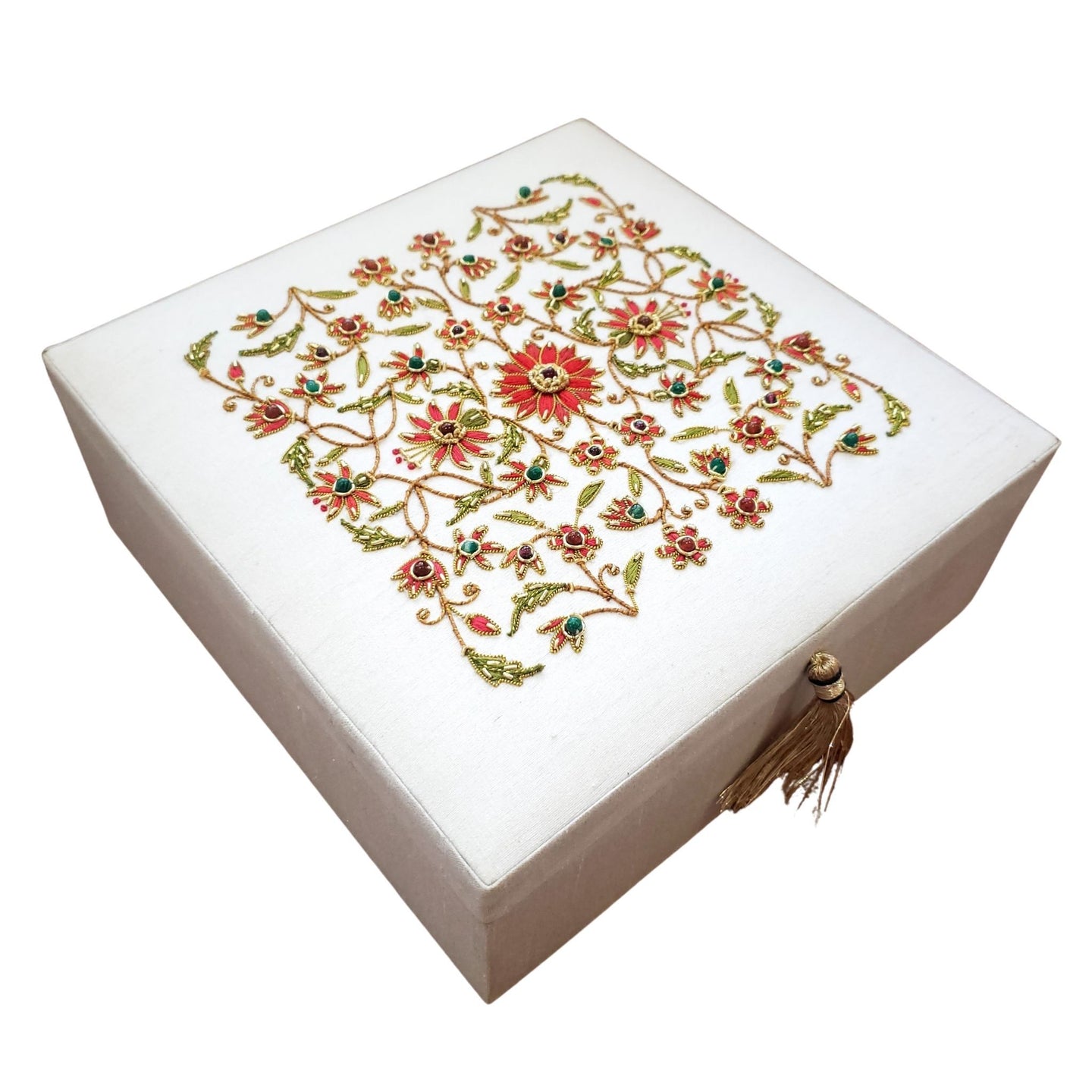 White keepsake box embroidered with red flowers and inlaid with gemstones BoutiqueByMariam.