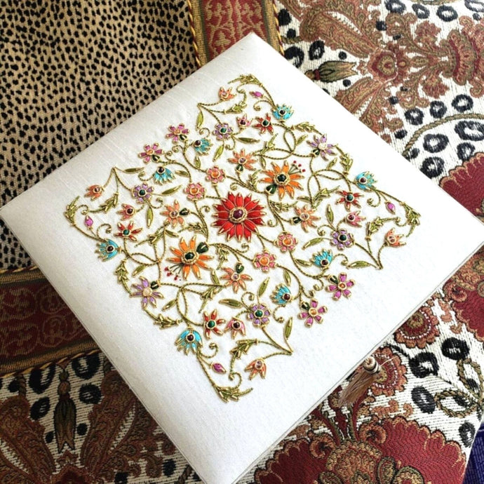 White silk bridal keepsake box embroidered with multicolor flowers BoutiqueByMariam. 