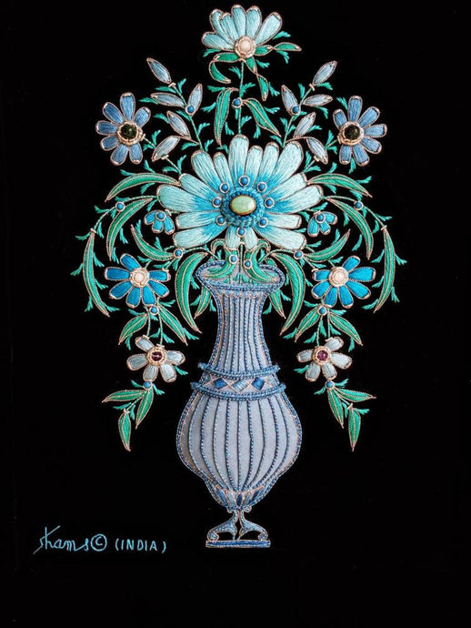 Hand embroidered turquoise silk blue flowers in tall vase on black velvet, zardozi wall art.