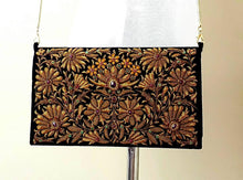 Load image into Gallery viewer, Designer black velvet and copper evening bag clutch bag embroidered with floral pattern. 
