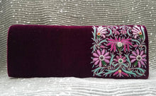 Load image into Gallery viewer, Magenta velvet clutch bag hand embroidered with pink silk flowers and embellished with genuine semi precious stones, zardozi purse. 

