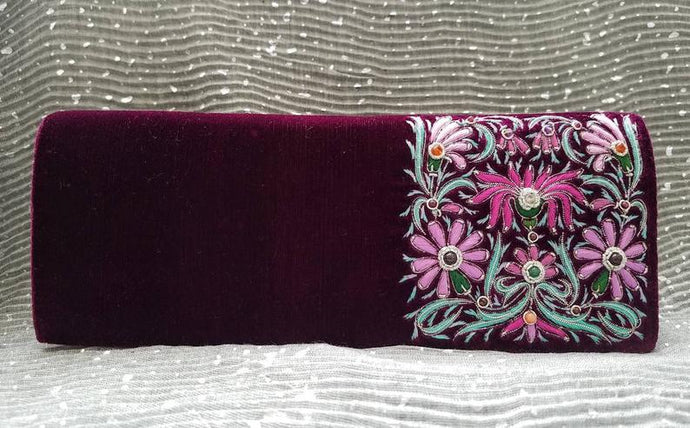 Magenta velvet clutch bag hand embroidered with pink silk flowers and embellished with genuine semi precious stones, zardozi purse. 