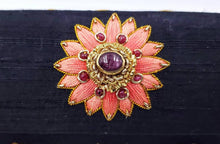 Load image into Gallery viewer, Embroidered peach silk medallion with  rubies, close up view. 
