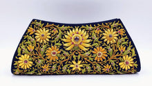 Load image into Gallery viewer, Luxury black evening clutch bag embroidered with yellow flowers and embellished with rubies, zardozi clutch.
