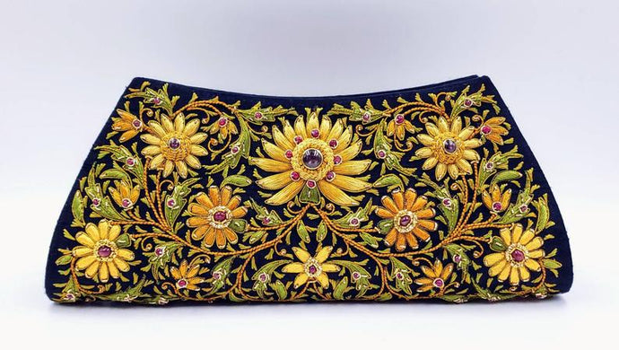 Luxury black evening clutch bag embroidered with yellow flowers and embellished with rubies, zardozi clutch.