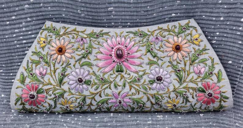 Embroidered Gray Floral Silk Clutch Bag with Star Ruby