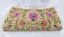 Load image into Gallery viewer, Luxury hand embroidered pink floral silk clutch bag on light gold silk, embellished with emeralds, zardozi handbag, side view.
