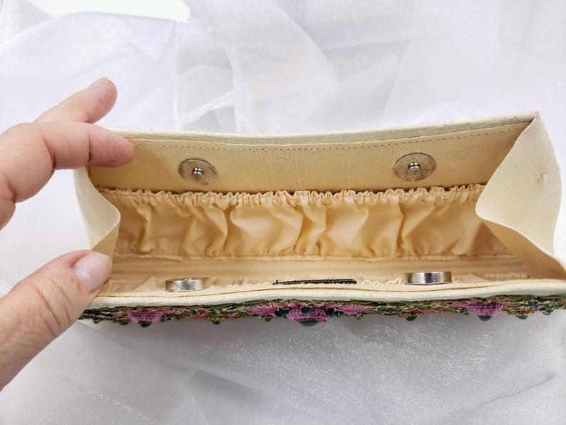Embroidered Pink Floral Silk Clutch Bag with Emeralds