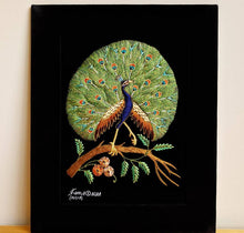 Load image into Gallery viewer, Embroidered peacock wall art, silk peacock on black velvet, zardozi tapestry.
