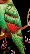 Load image into Gallery viewer, Embroidered green parrot tapestry, green silk parrot embroidered on black velvet, zardozi art, close up detail of wing feathers. 
