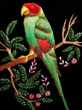 Load image into Gallery viewer, Embroidered parrot wall art, green silk parrot embroidered on black velvet , zardozi art.
