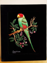Load image into Gallery viewer, Embroidered green parrot wall art, green silk parrot embroidered on black velvet, zardozi art. 
