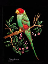 Load image into Gallery viewer, Embroidered parrot bird wall art, green and red silk parrot embroidered on black velvet, zardozi art.
