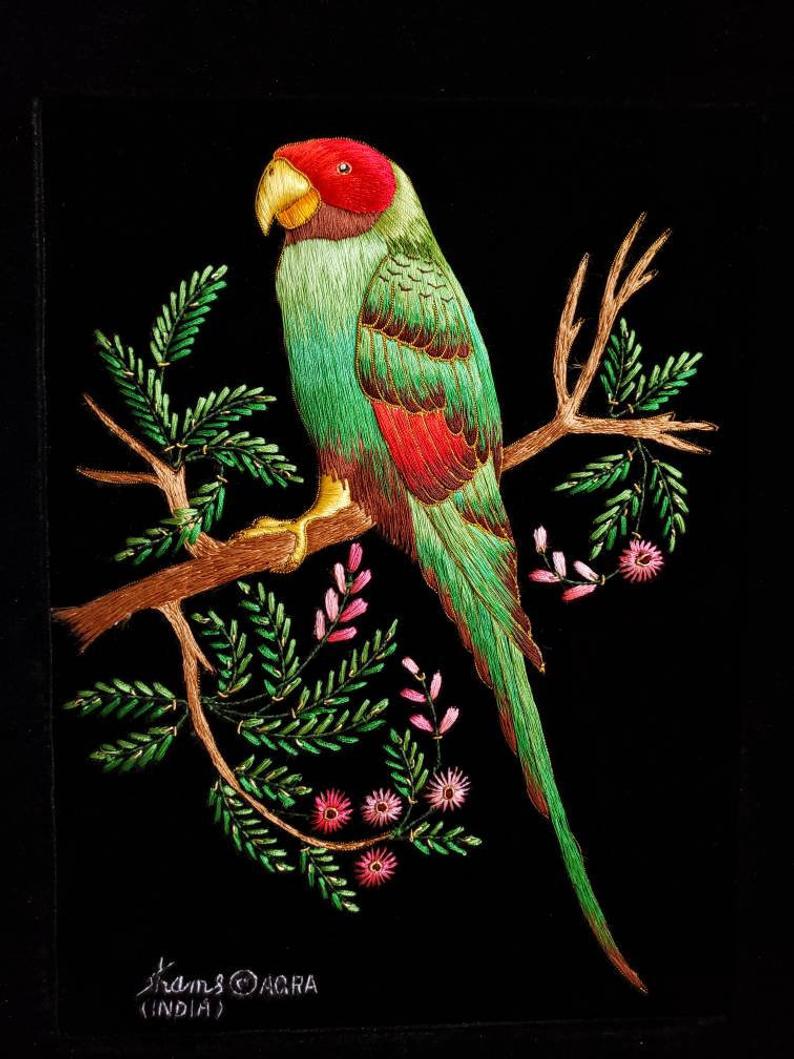 Embroidered parrot bird wall art, green and red silk parrot embroidered on black velvet, zardozi art.