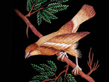 Load image into Gallery viewer, Embroidered bird tapestry, brown hawk embroidered on black velvet, zardozi art, close up view.

