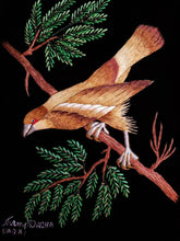 Load image into Gallery viewer, Embroidered bird tapestry, brown hawk embroidered on black velvet, zardozi art.
