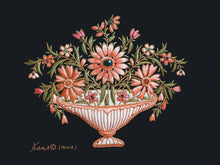 Load image into Gallery viewer, Hand embroidered floral tapestry wall art, orange peach color silk flowers in vase embroidered on black velvet, zardozi tapestry.
