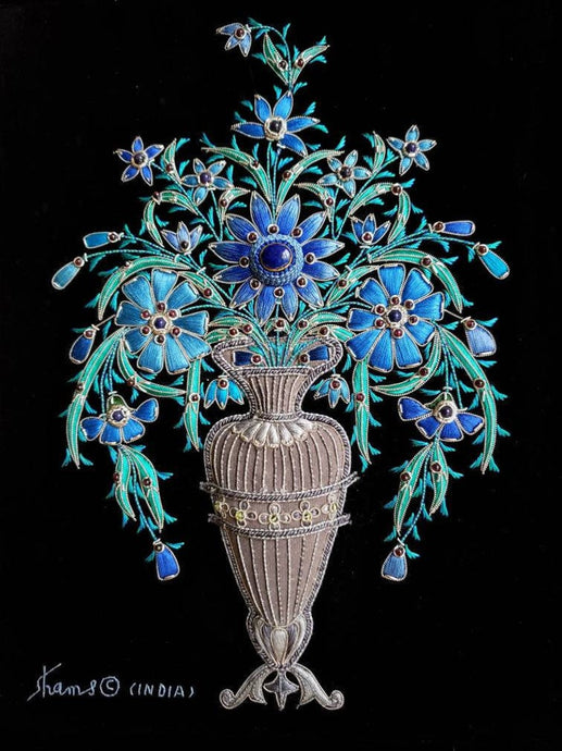 Embroidered floral wall art, blue silk flowers in tall vase embroidered on black velvet, zardozi wall art. 