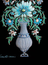 Load image into Gallery viewer, Hand embroidered turquoise silk blue flowers in tall vase on black velvet with semi precious stones, zardozi wall art.
