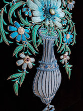 Load image into Gallery viewer, Hand embroidered turquoise silk blue flowers in tall vase on black velvet with semi precious stones, zardozi wall art, side view. 
