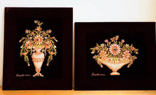 Load image into Gallery viewer, Set of two hand embroidered floral tapestry wall art, orange peach color silk flowers embroidered on black velvet, zardozi tapestry.
