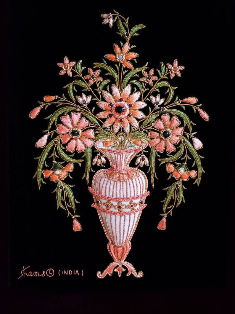 Hand embroidered pastel orange silk flowers in tall vase on black velvet, zardozi wall art.